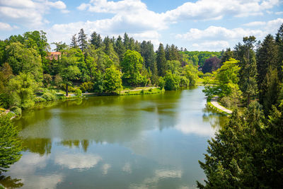 Scenic view of lake by trees against sky