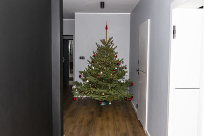 A spruce christmas tree decorated with baubles standing in the hall of a modern house.christmas tree