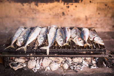 Close-up of fish roasting on barbecue grill