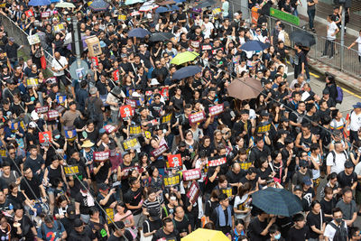 High angle view of people on street