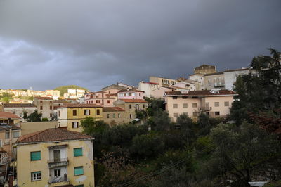 Buildings in city against cloudy sky