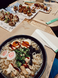 High angle view of food in plate on table