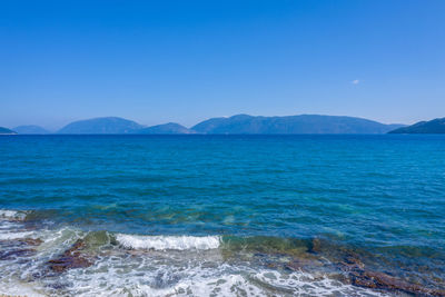 Scenic view of sea against clear blue sky