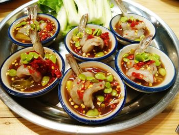 High angle view of salad in bowl on table