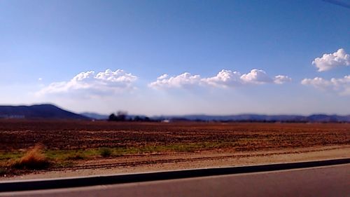Scenic view of agricultural field against blue sky