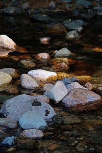 High angle view of stones in stream