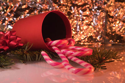 Close-up of christmas decorations on table