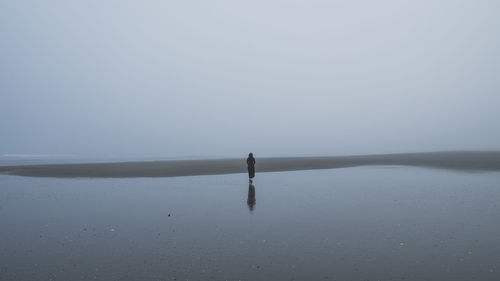Rear view of man standing in sea against sky