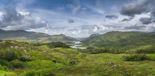 Irish iconic viewpoint, ladies view, lakes, green valley and mountains, killarney, ireland