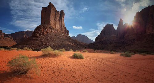 Panoramic view of rock formations on landscape against sky