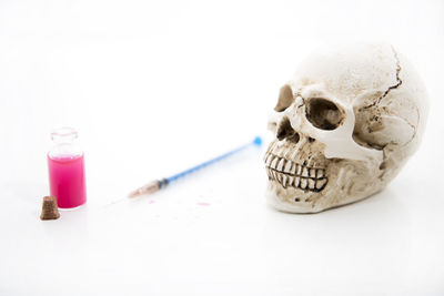 Close-up of human skull on white background