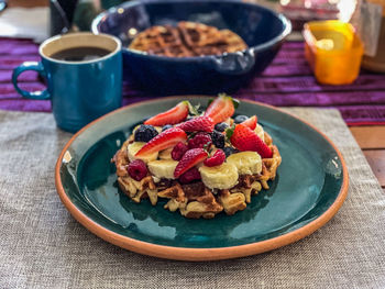 High angle view of food in plate on table