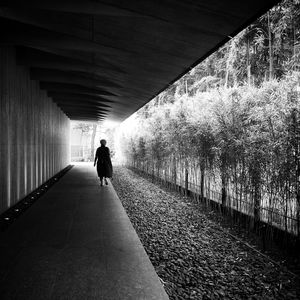 Rear view of man walking in tunnel