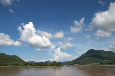 Scenic view of lake against cloudy sky