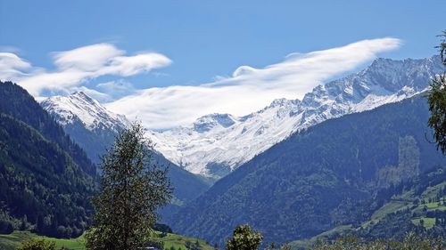 Scenic view of snowcapped mountains against sky