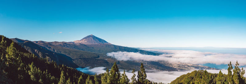 Panoramic view of snowcapped mountains against clear blue sky