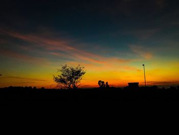 Silhouette trees on landscape against sky at sunset