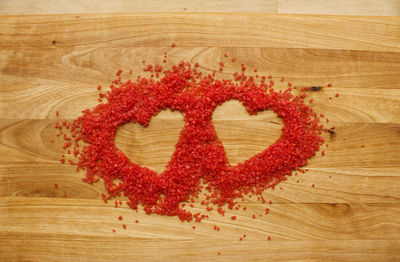 Close-up of candies forming heart shape on wood