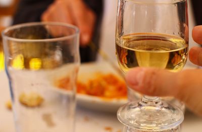 Close-up of beer glass on table