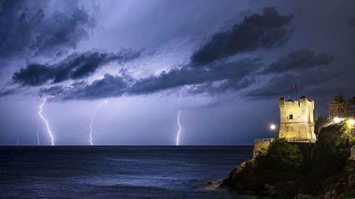 Panoramic view of sea against storm clouds