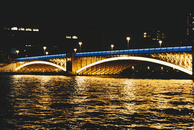 Bridge over river in city against sky at night