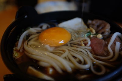 Close-up of noodles served in plate