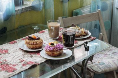 High angle view of breakfast served on table