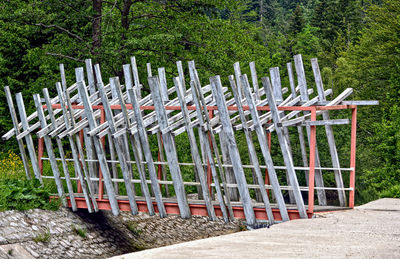 Wooden fence on field against trees