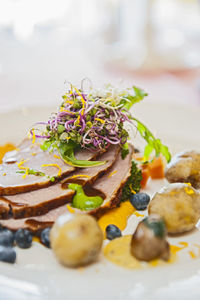 Slices of lamb fillet at icelandic restaurant