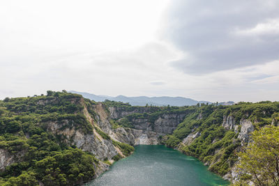 Scenic view of river amidst mountains against sky