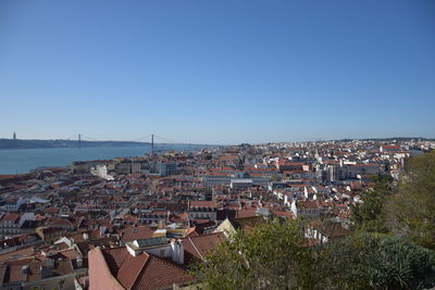 Aerial view of townscape by sea against blue sky