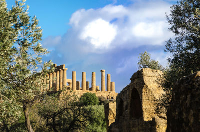 Low angle view of old ruin building against cloudy sky