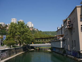 Bridge over river amidst buildings in city against clear sky