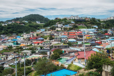 High angle view of townscape against sky