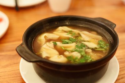 Close-up of soup in bowl on table
