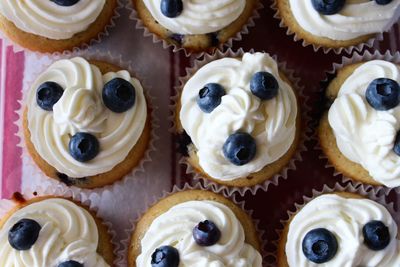 High angle view of blueberry cupcakes on table