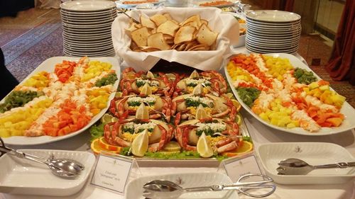 High angle view of food served on table