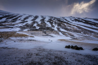 Scenic view of snow covered mountains against sky