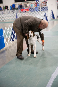 Full length portrait of dog standing on man