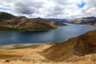 Scenic view of lake and mountains against sky