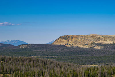 Scenic view of mountains against blue sky