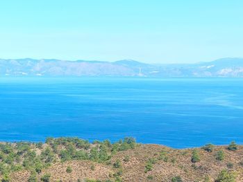 Scenic view of sea against clear blue sky