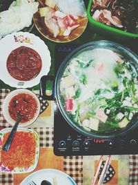 High angle view of soup in bowl