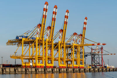 Cranes at commercial dock against clear sky