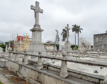 Statue of buildings against cloudy sky