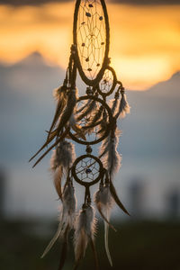 Close-up of feather hanging against sky during sunset