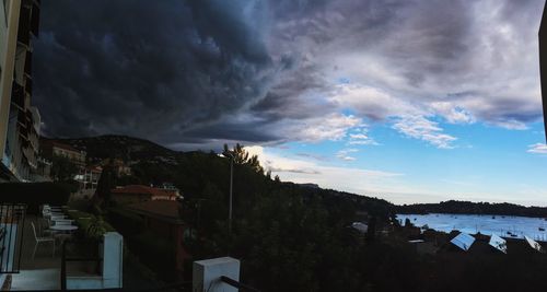 Panoramic view of village against cloudy sky