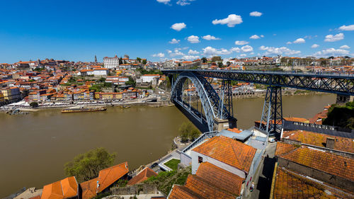 Bridge over river against cloudy sky