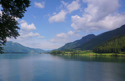 Scenic view of lake and mountains against sky
