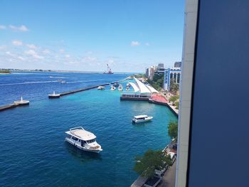 High angle view of boats in sea